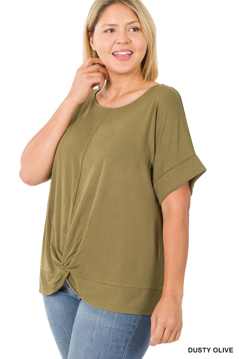 Plus Crepe Knot-Front Top - Dusty Olive
