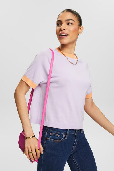 Two Tone Cropped Short Sleeve Sweater - Lavender