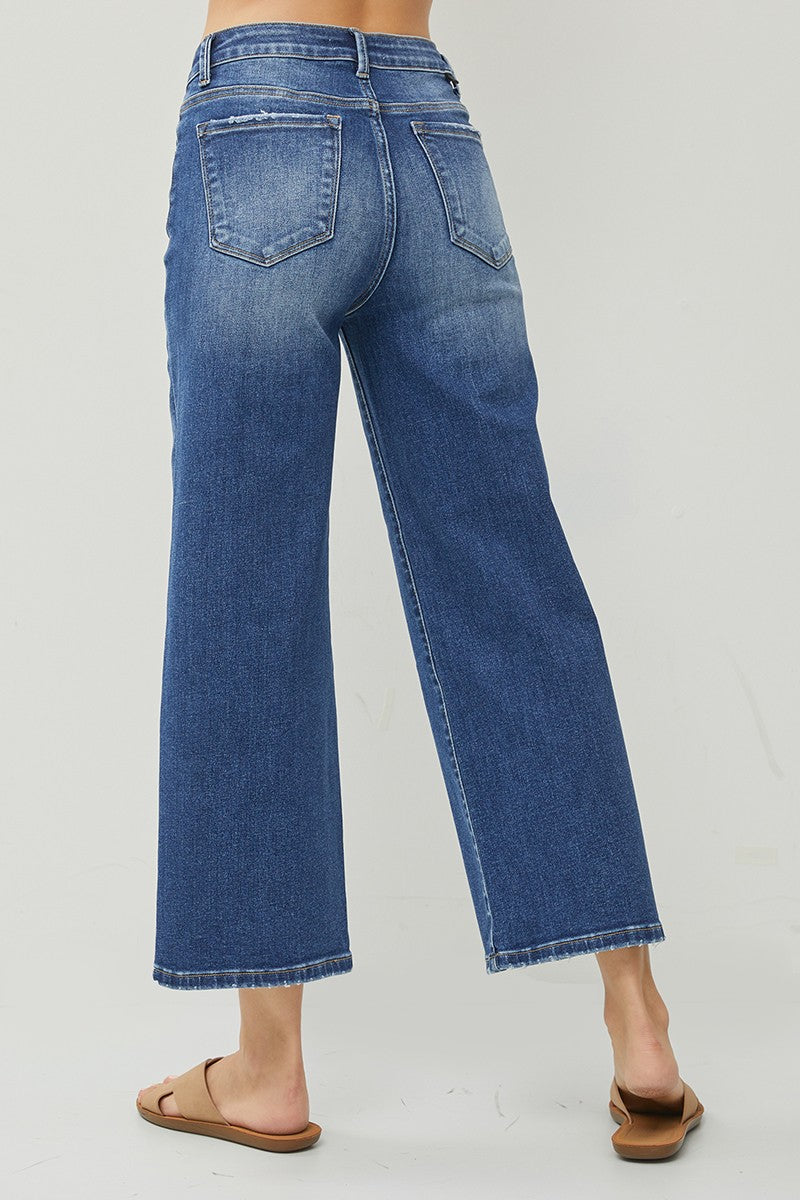 Plus Size High Rise Wide Crop Jeans - Dark Blue