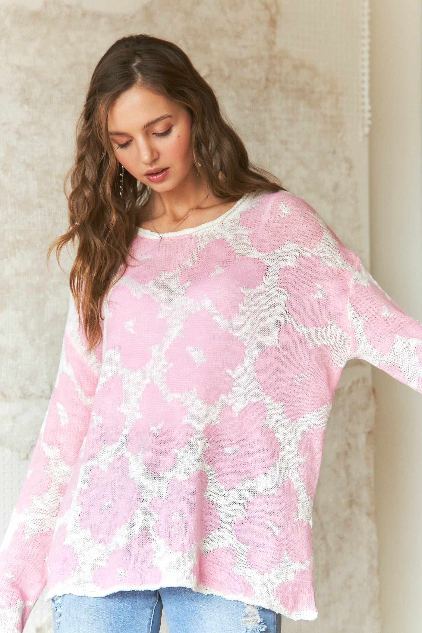 Raw Edge Light Weight Floral Sweater - Blush