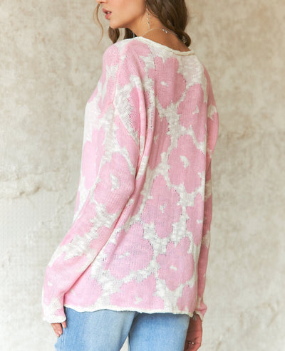 Raw Edge Light Weight Floral Sweater - Blush