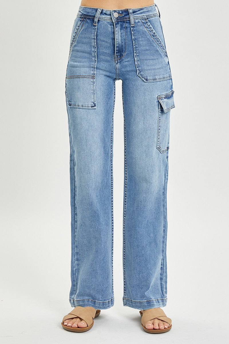 Plus High Rise Wide Cargo Pocket Jeans - Medium Blue