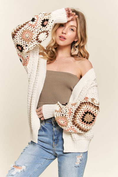 Multi Color Puff Sleeve Crochet Cardigan
