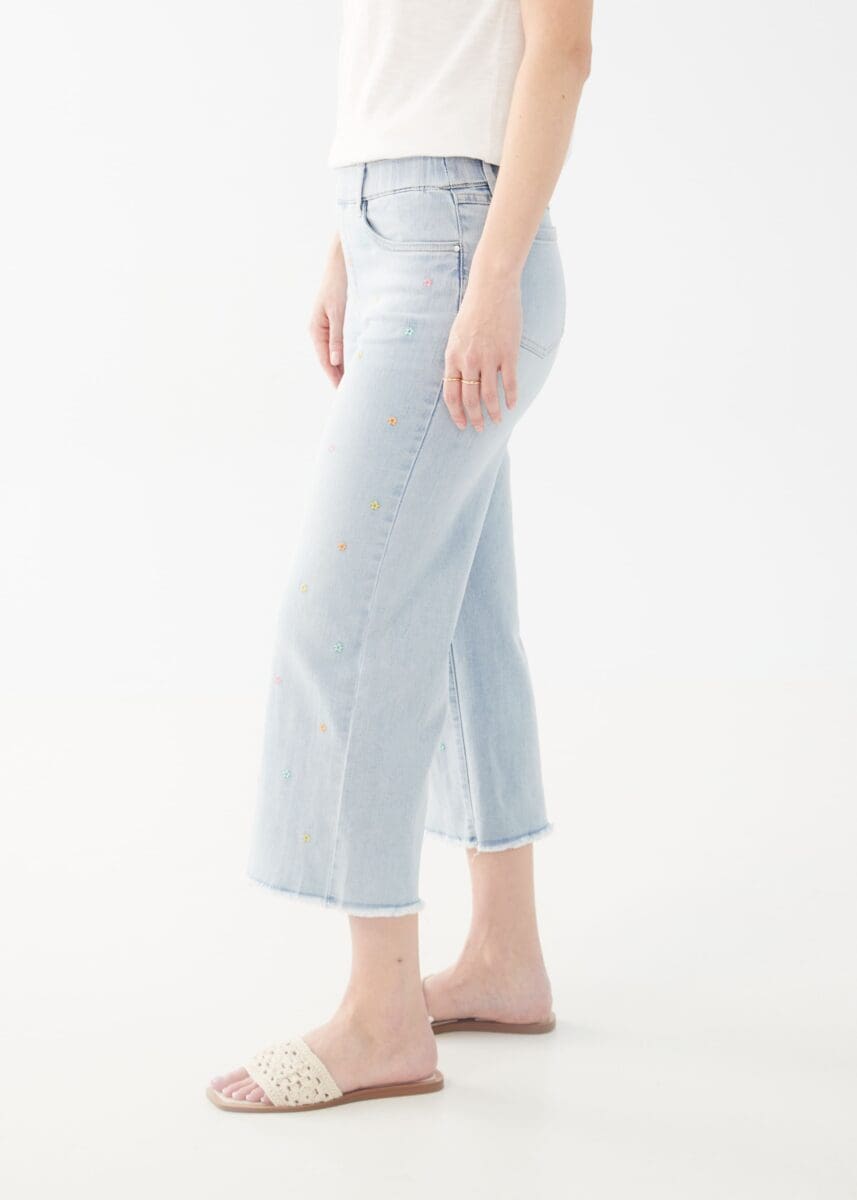 Embroidered Pull-On Wide Crop Denim - Sky Blue