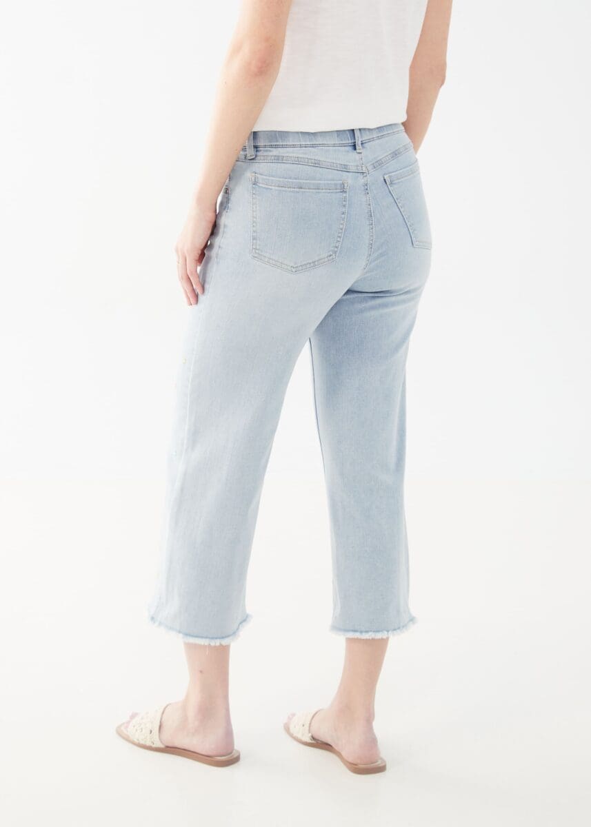 Embroidered Pull-On Wide Crop Denim - Sky Blue