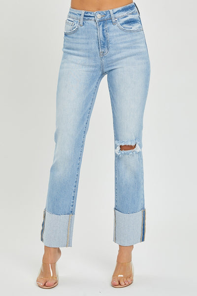 Plus High Rise Wide Cuffed Straight Ankle Jeans - Light Blue