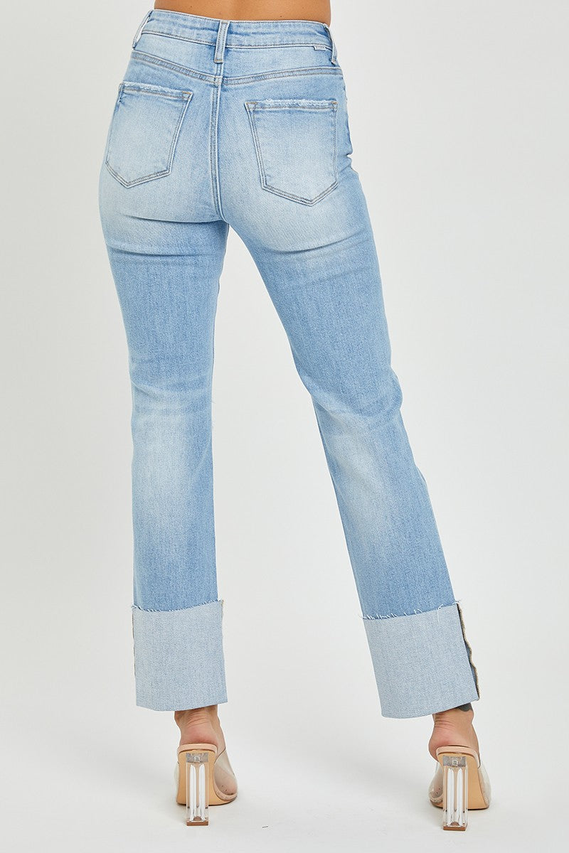 Plus High Rise Wide Cuffed Straight Ankle Jeans - Light Blue