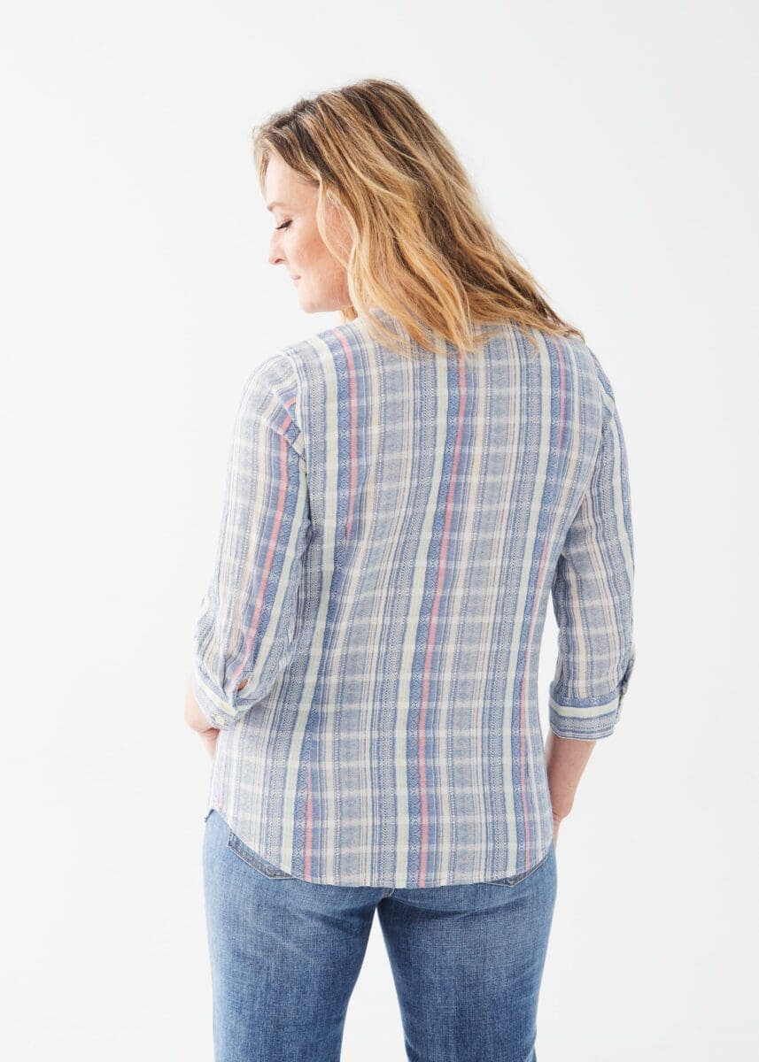 https://ullala.ca/products/3-4-sleeve-v-neck-jacquard-shirt - Multi Stripe