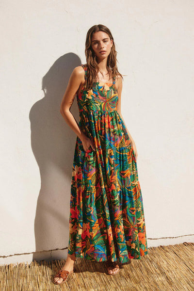 Sunny Serenity Babydoll Tiered Maxi Dress - Tropical Fiesta