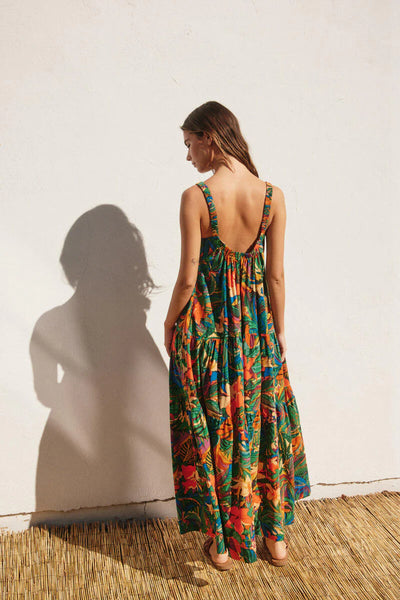 Sunny Serenity Babydoll Tiered Maxi Dress - Tropical Fiesta