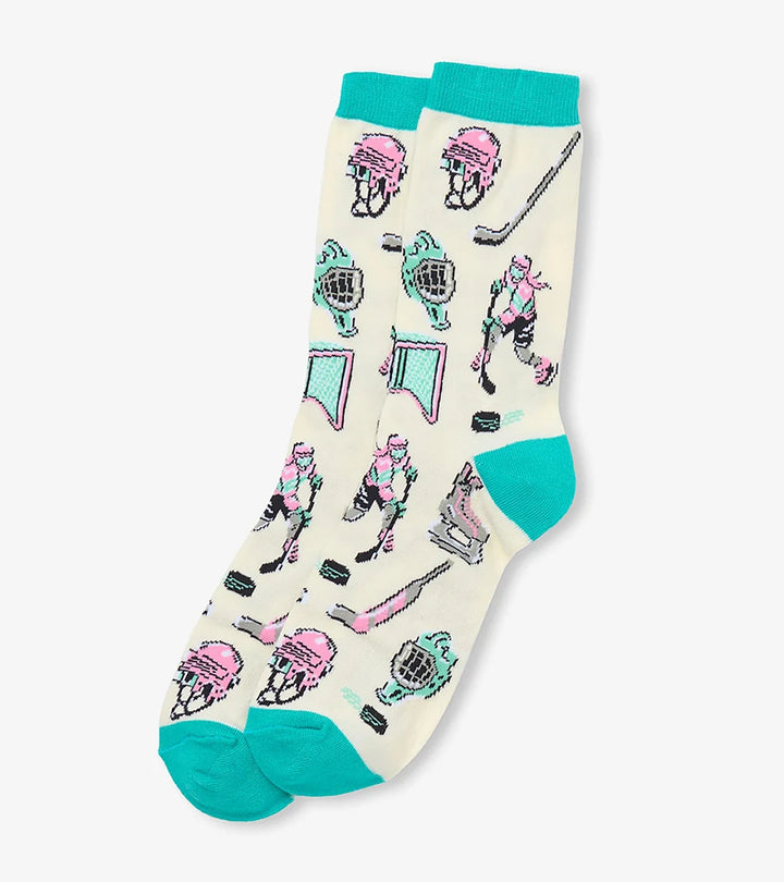 Hockey-themed socks with teal accents on a white background