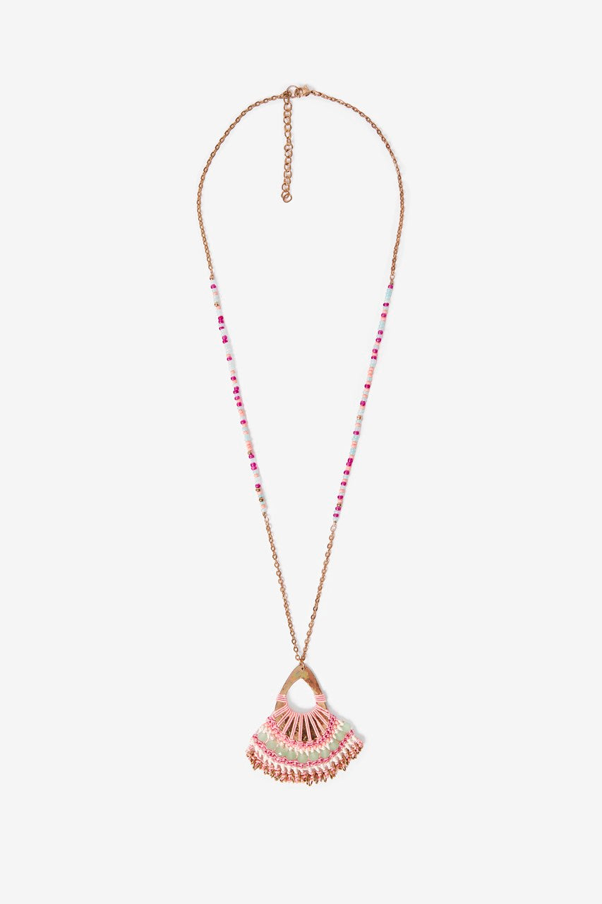 Macrame Rhinstones Pendant Necklace - Pink