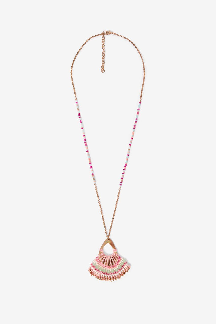 Macrame Rhinstones Pendant Necklace - Pink