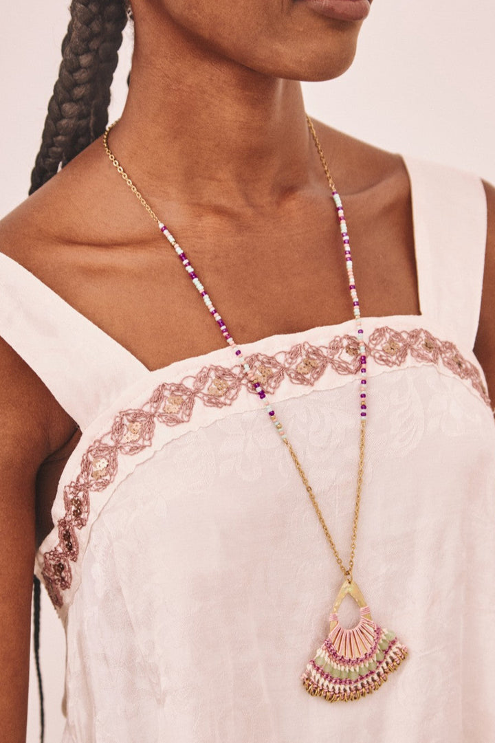 Macrame Rhinstones Pendant Necklace - Pink