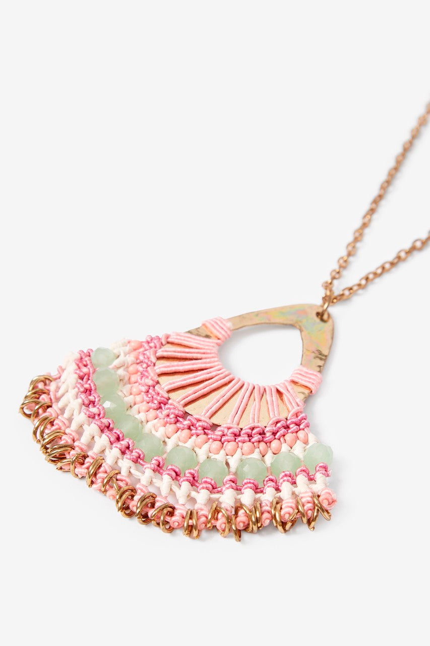 Macrame Rhinstones Pendant Necklace - Pink