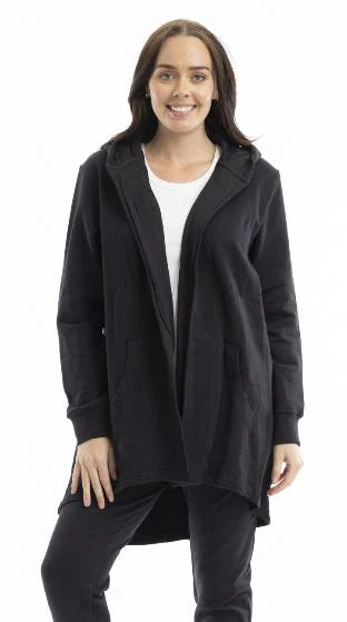 Terry Knit Long Hooded Open Sweatshirt