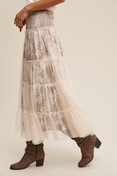 Floral Print with Tiered Mesh Skirt and Dress - Mocha