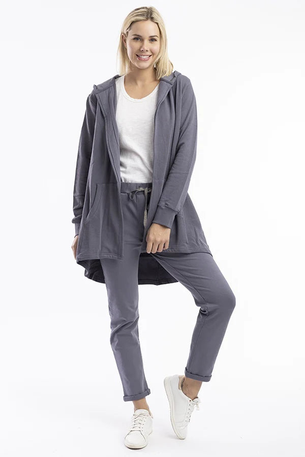 Terry Knit Long Hooded Open Sweatshirt