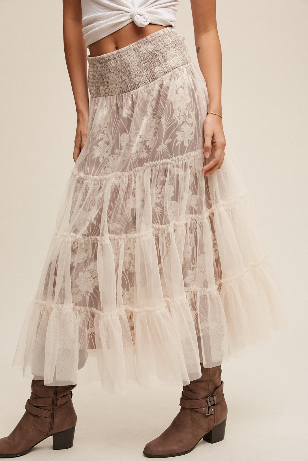 Floral Print with Tiered Mesh Skirt and Dress - Mocha