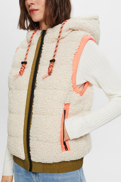 Contrast Color Reversible Hooded Fleece Vest - Cream Beige
