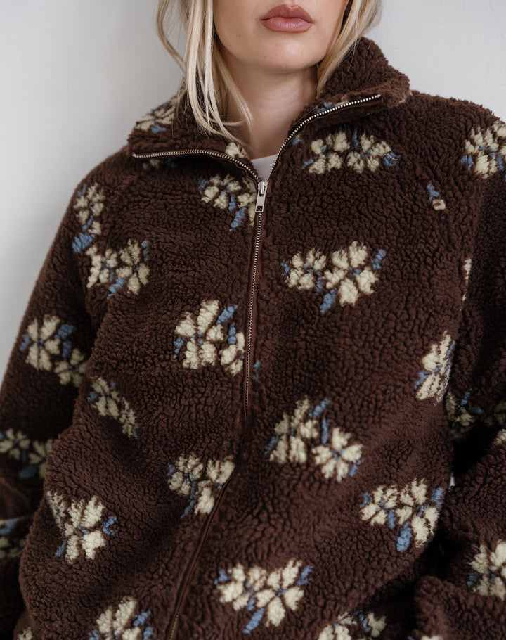 A close-up of a person wearing a brown sherpa fleece zip-up jacket with a cream and blue floral pattern, cropped from the mouth down against a plain light background.