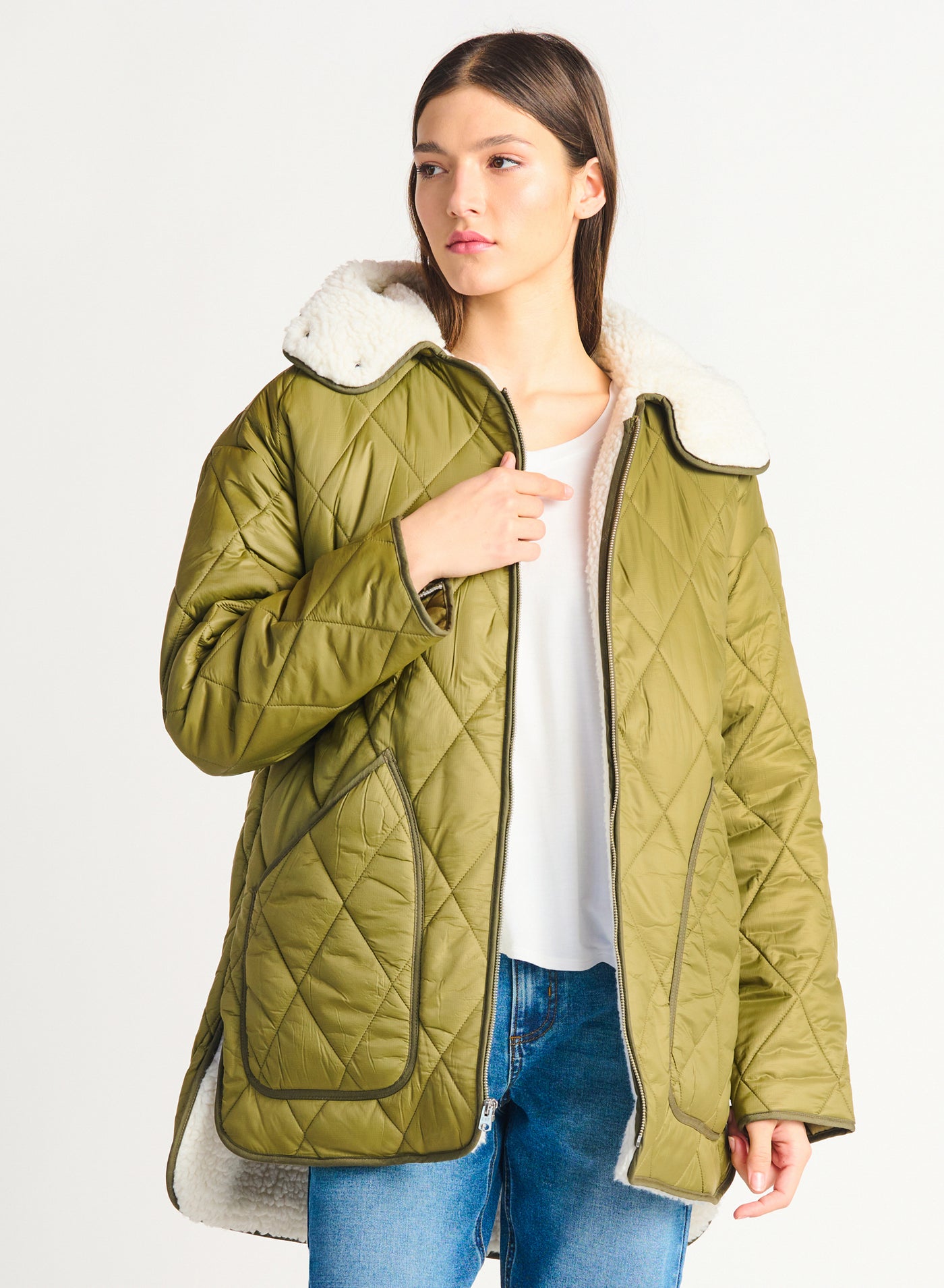 Sherpa Lined Quilted Jacket (Olive Green)