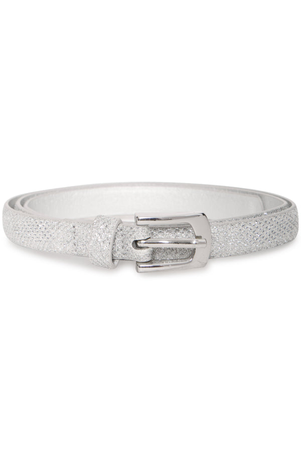 Silver glittery belt with a buckle on a white background