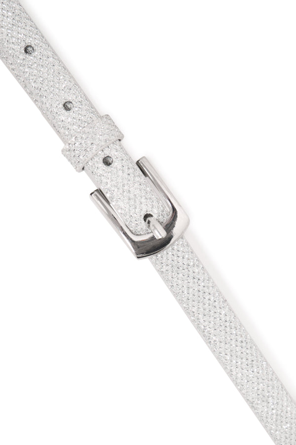 White textured belt with a silver buckle on a white background