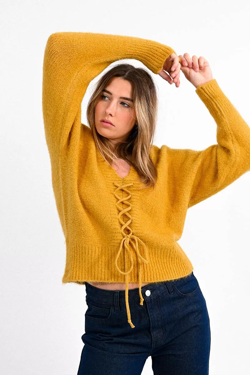 V Neck Knit Sweater (Saffron Yellow)