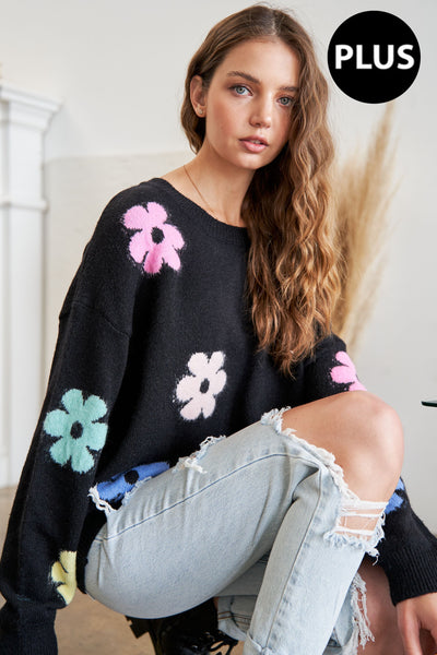 Plus Crew Neck Long Sleeve Frayed Floral Sweater - Black