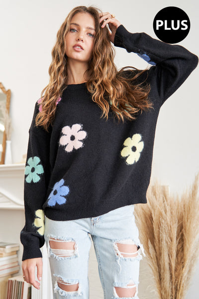 Plus Crew Neck Long Sleeve Frayed Floral Sweater - Black