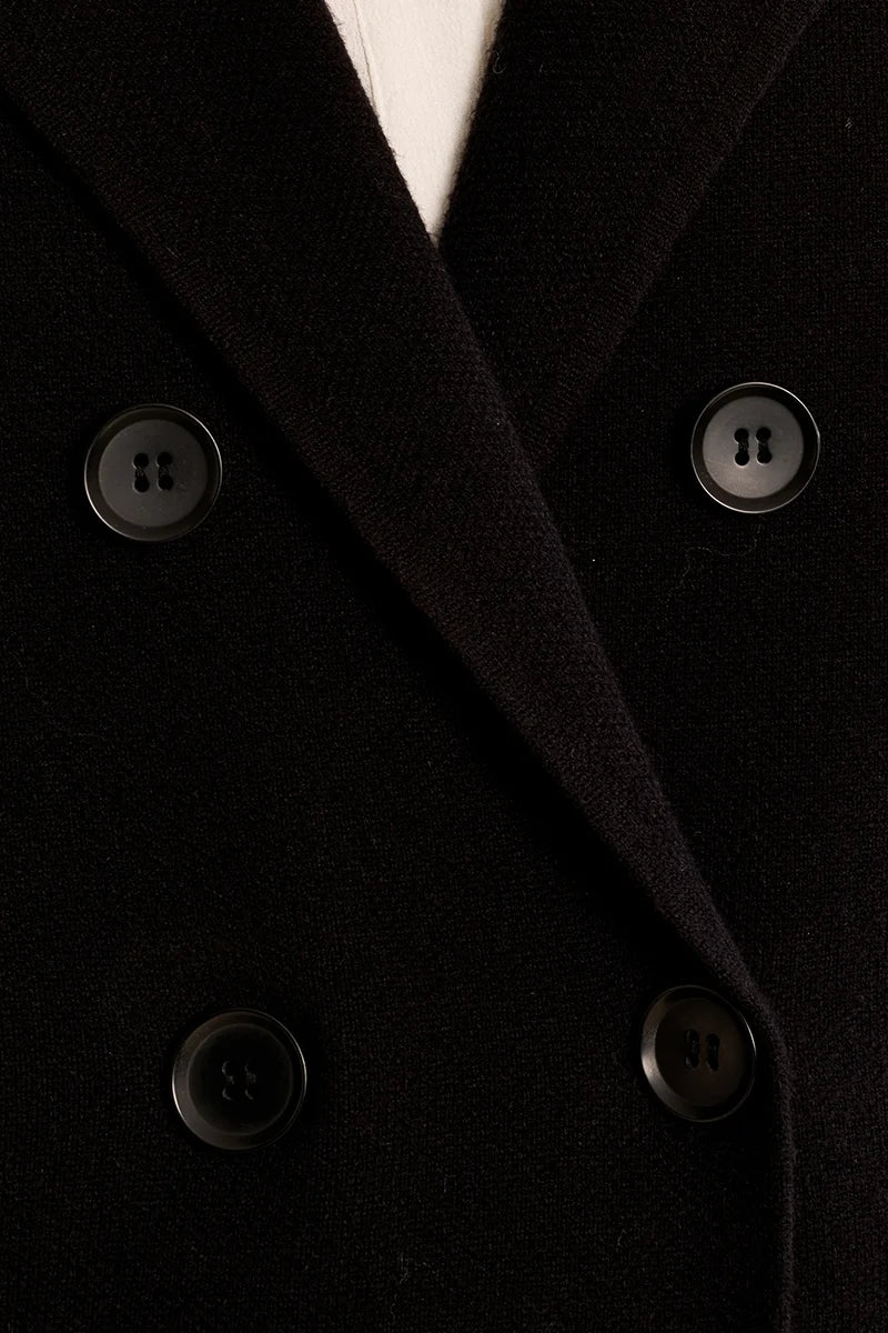 Close-up of a black double-breasted coat with dark buttons and a white shirt visible at the collar.