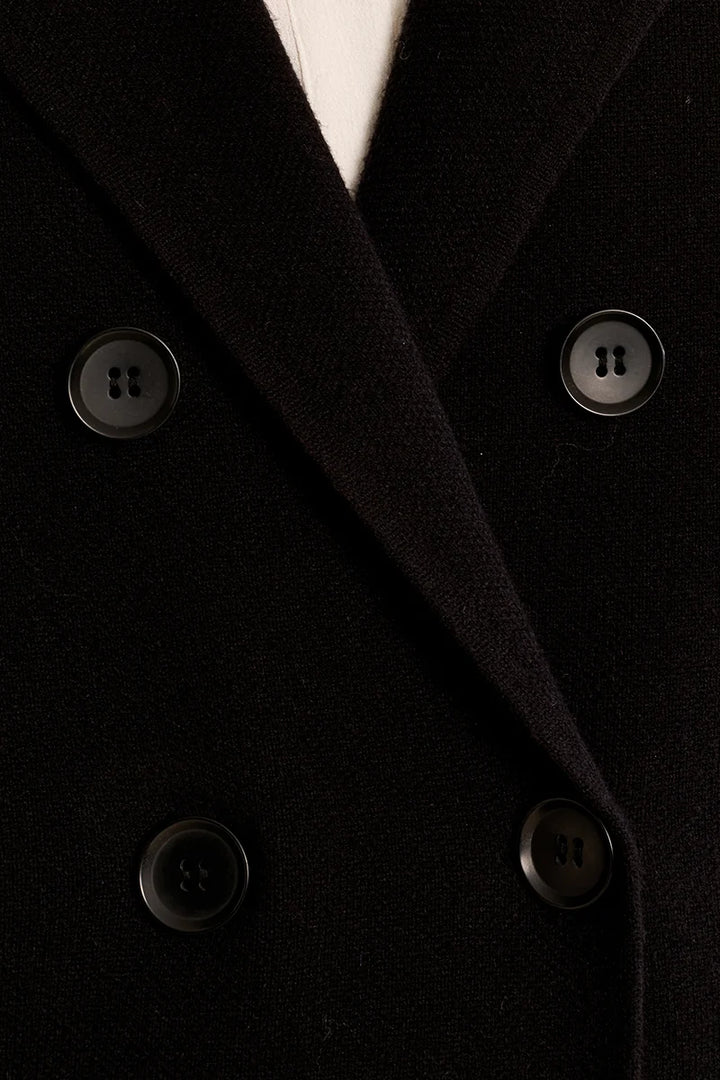 Close-up of a black double-breasted coat with dark buttons and a white shirt visible at the collar.