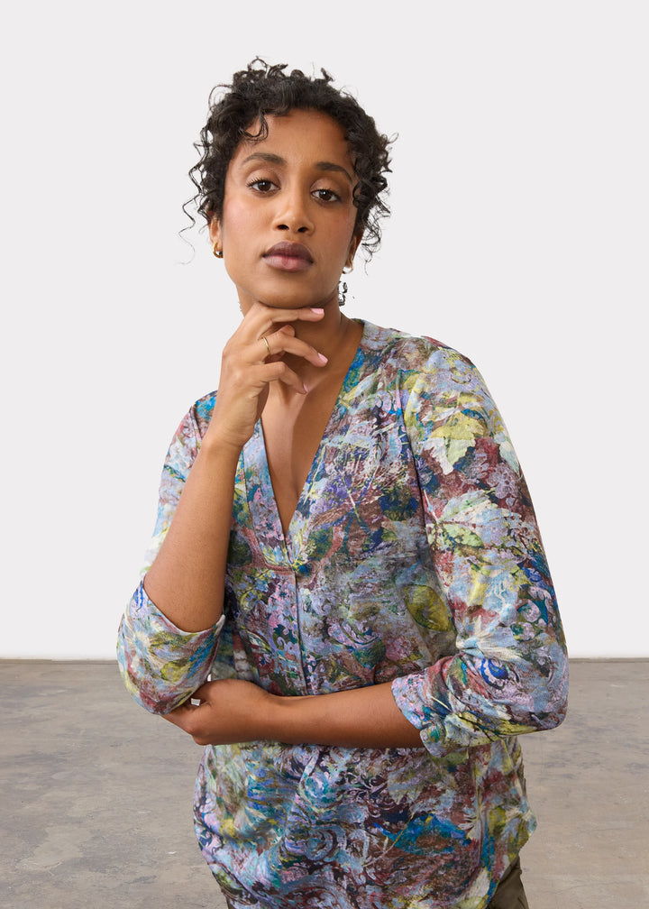 3/4 Sleeve V-Neck Top, Renaissance Bouquet