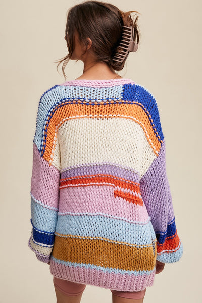 Hand Knit Multi Striped Cardigan - Lavender Multi