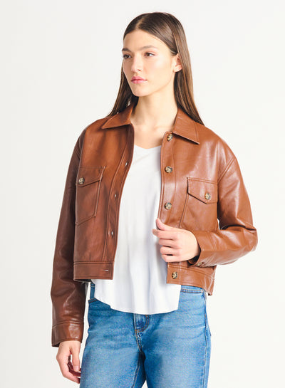 Button Front Faux Leather Jacket (Medium Brown)