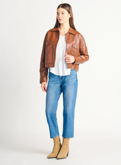Button Front Faux Leather Jacket (Medium Brown)