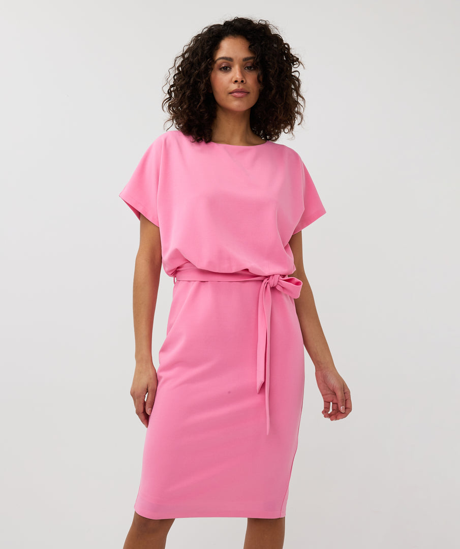 Short Sleeve Batwing Style Midi Dress - Rose Pink