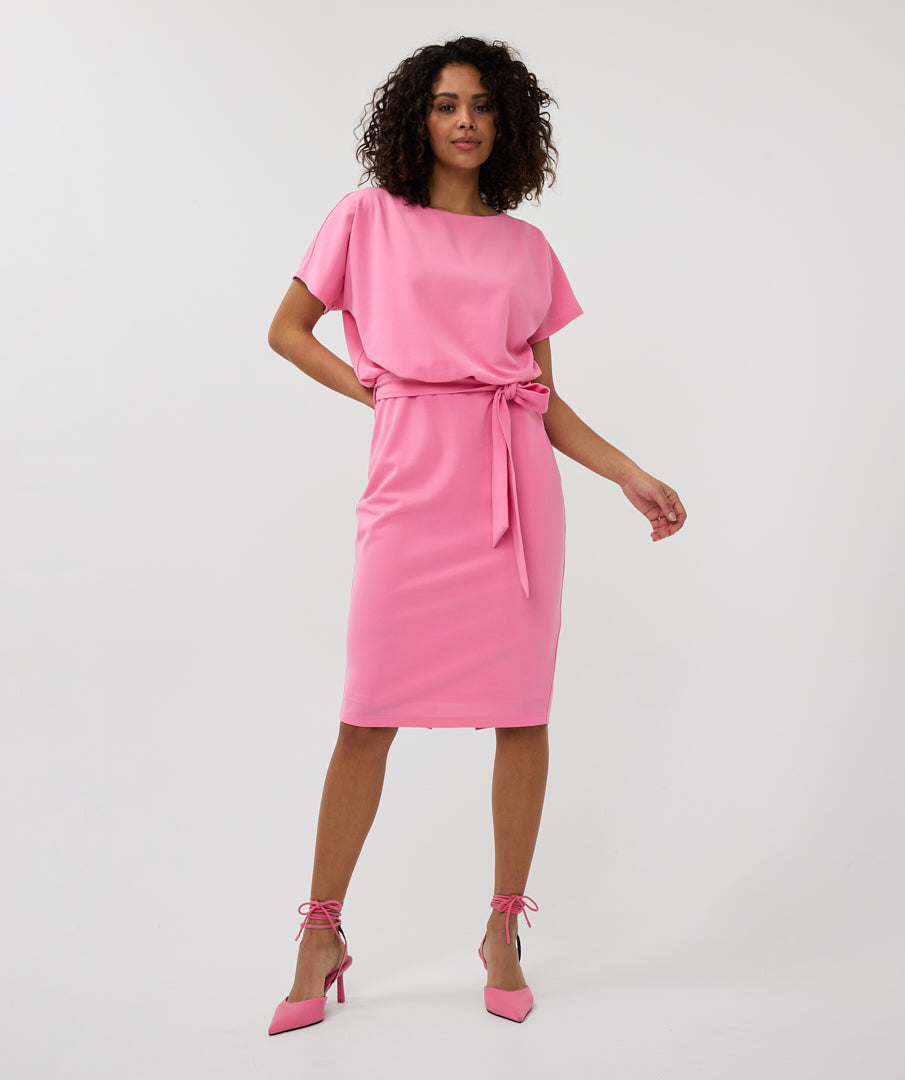Short Sleeve Batwing Style Midi Dress - Rose Pink