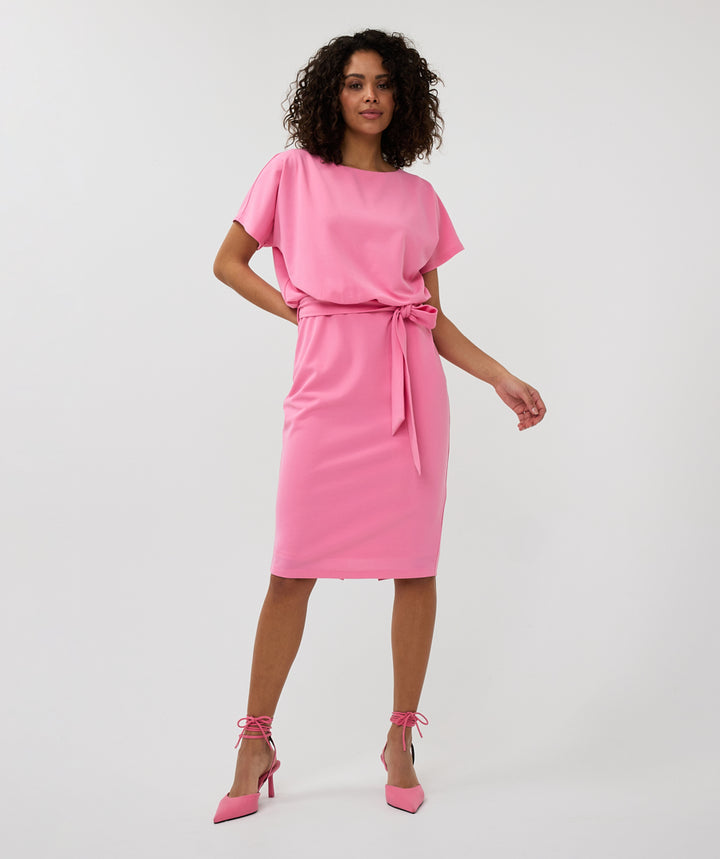 Short Sleeve Batwing Style Midi Dress - Rose Pink