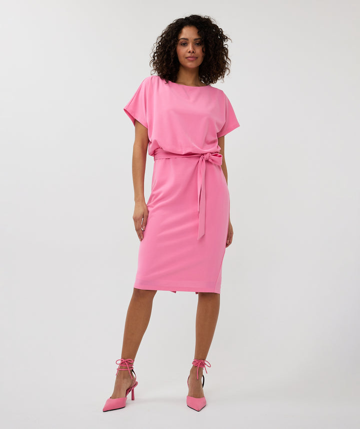 Short Sleeve Batwing Style Midi Dress - Rose Pink