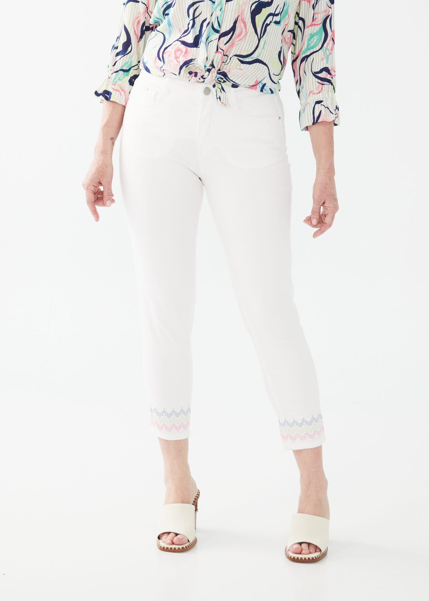 Embroidered Christina Slim Crop Denim - White