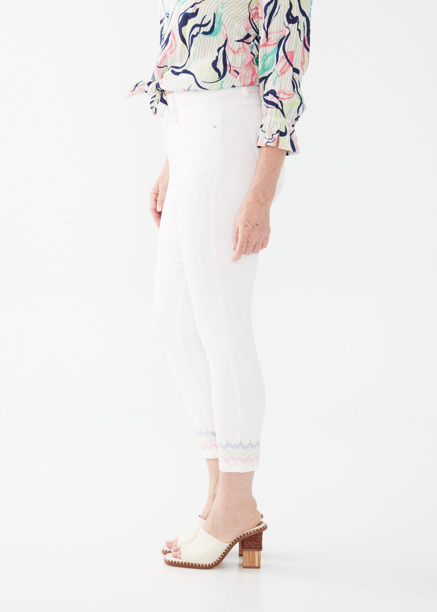 Embroidered Christina Slim Crop Denim - White