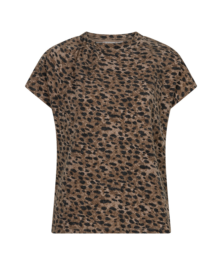 A short-sleeve crewneck top with an all-over leopard print pattern in brown, beige, and black, shown against a plain white background.