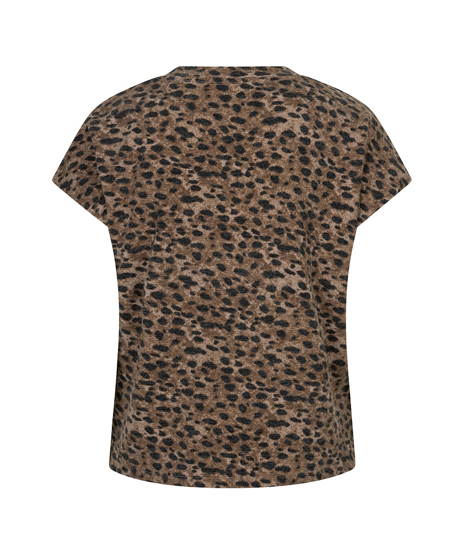 A short-sleeve crewneck top with an all-over leopard print pattern in brown, beige, and black, shown from the back on a plain white background.