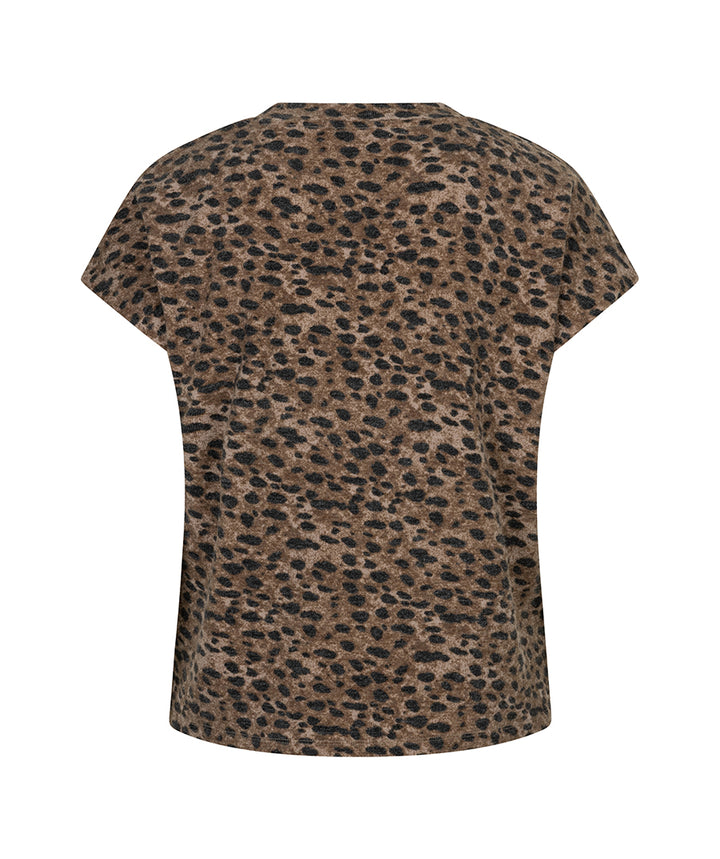 A short-sleeve crewneck top with an all-over leopard print pattern in brown, beige, and black, shown from the back on a plain white background.