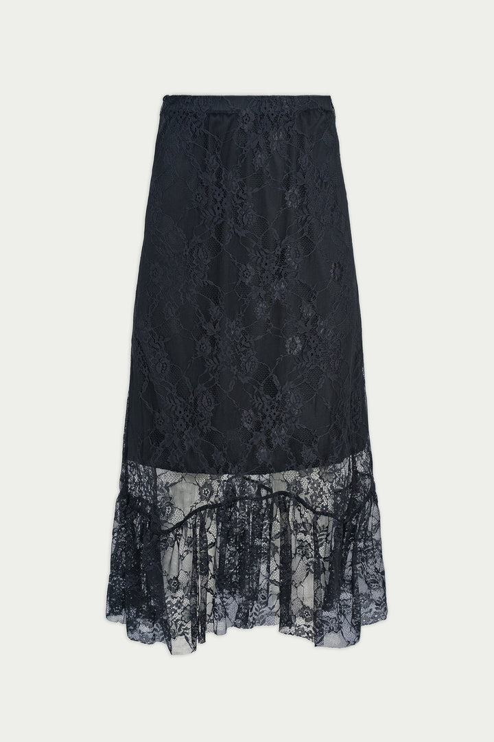 Black lace skirt on a light gray background