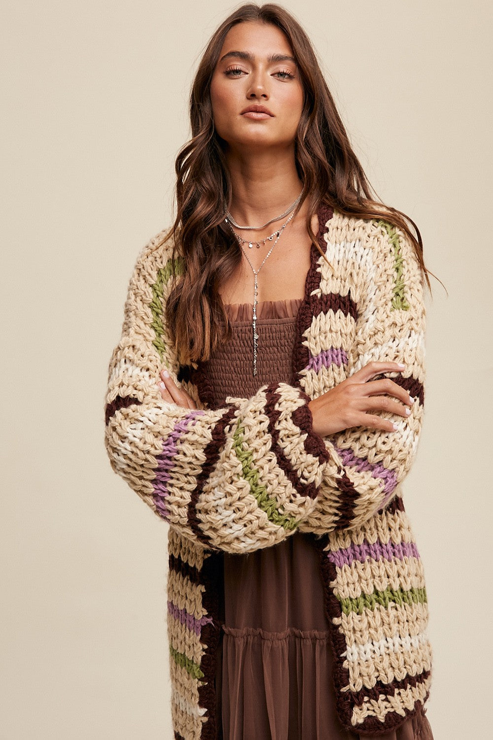 Striped Hand Knit Slouchy Open Cardigan