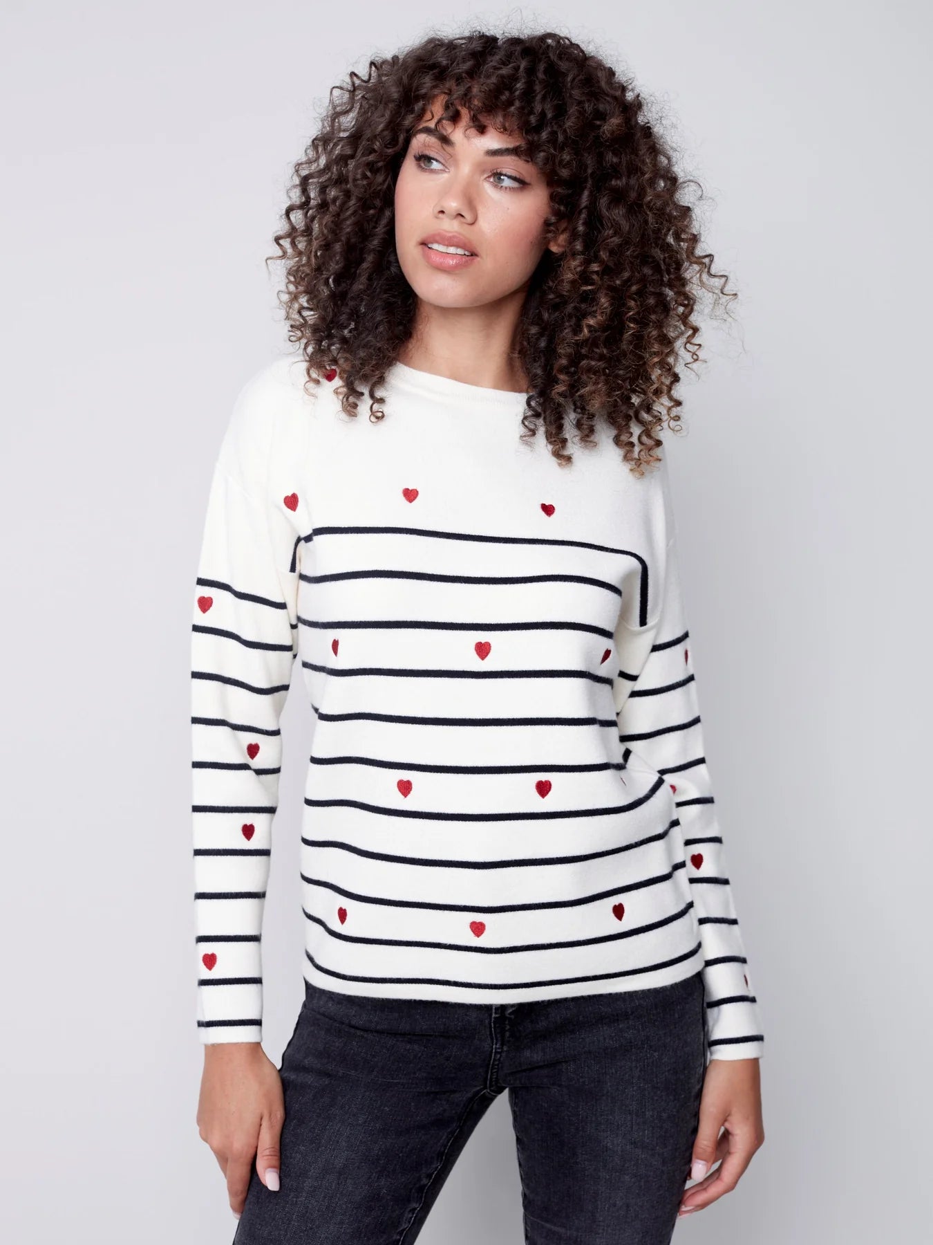 Sweater with Hearts Embroidery - Ecru