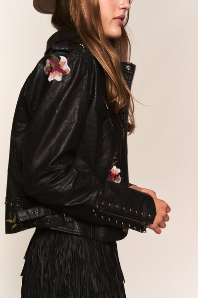 Floral Embroidered Faux Leather Jacket - Black Floral